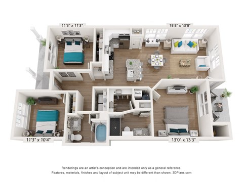 a 1 bedroom floorplan is shown in this rendering